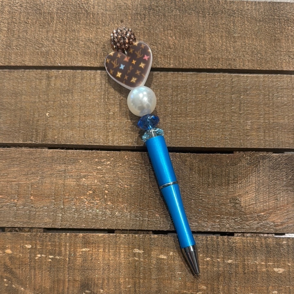 Blue and Brown Heart Beaded Pen